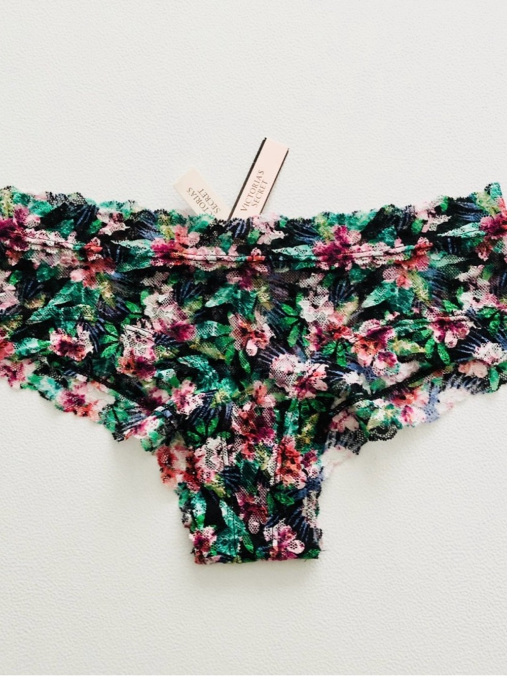 Victoria's Secret Floral Lace Cheeky Panty in Green, Pink & Black